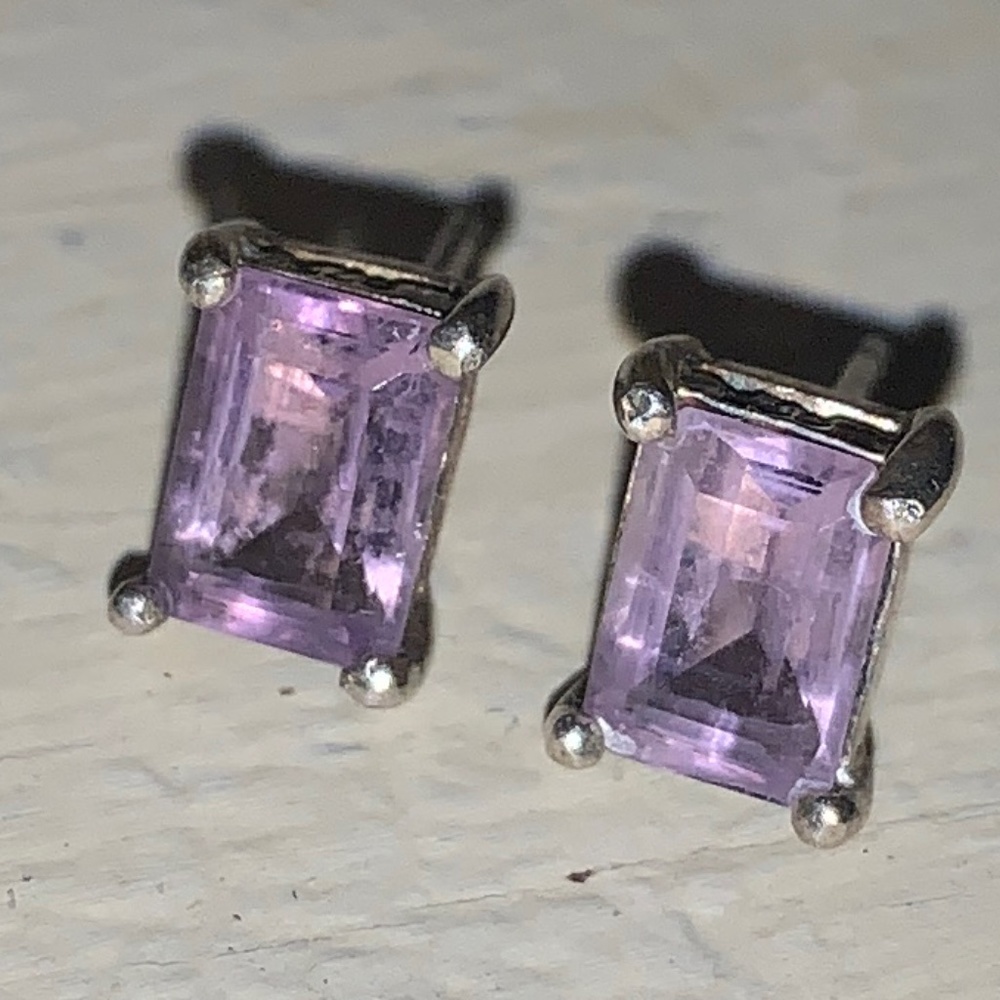 Vintage 925 Amethyst Post Earrings Emerald Cut Quality Stones - Picture 2 of 7